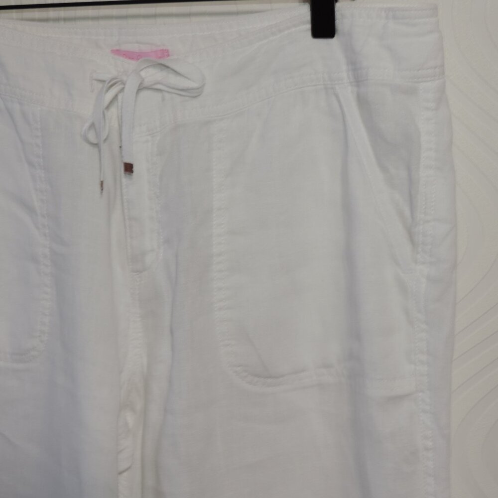 Lilly Pulitzer Beach Pants Sz 12 White Linen Wide Leg Pull On Drawstring Pockets - Picture 3 of 14